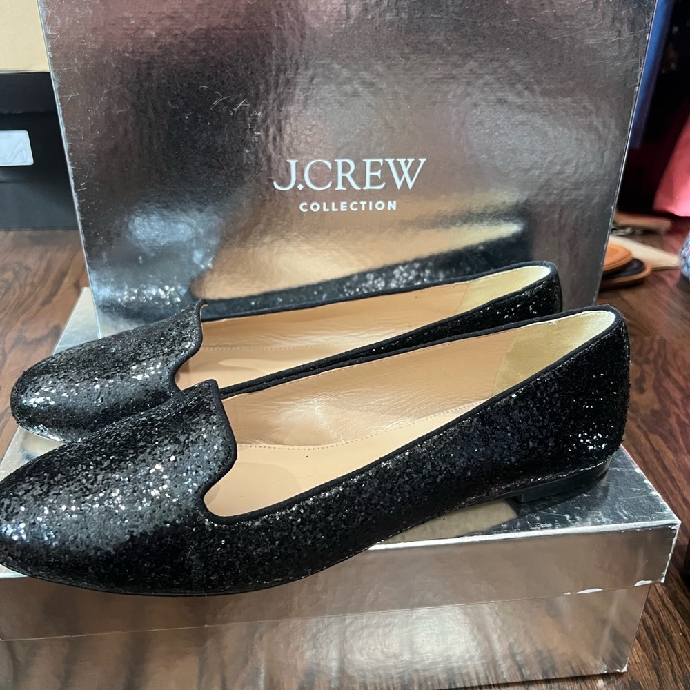 J.Crew Black Glitter Loafer Flats Size 11 Matte Sparkle Smoking Slipper